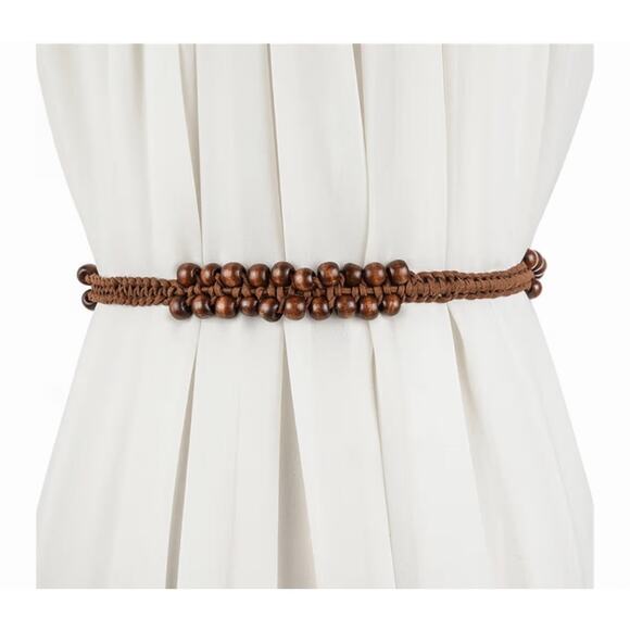 Bohemian-Style Sash Belt Wooden Beaded Chain Wooden Ring Leather Tie Closure OS - Picture 3 of 10